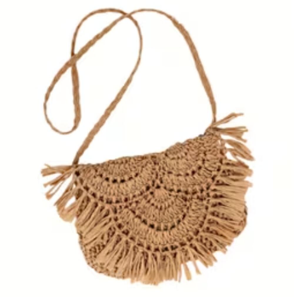 Boho Straw Woven Crossbody Bag – Tan Summer Purse with Fringe Trim